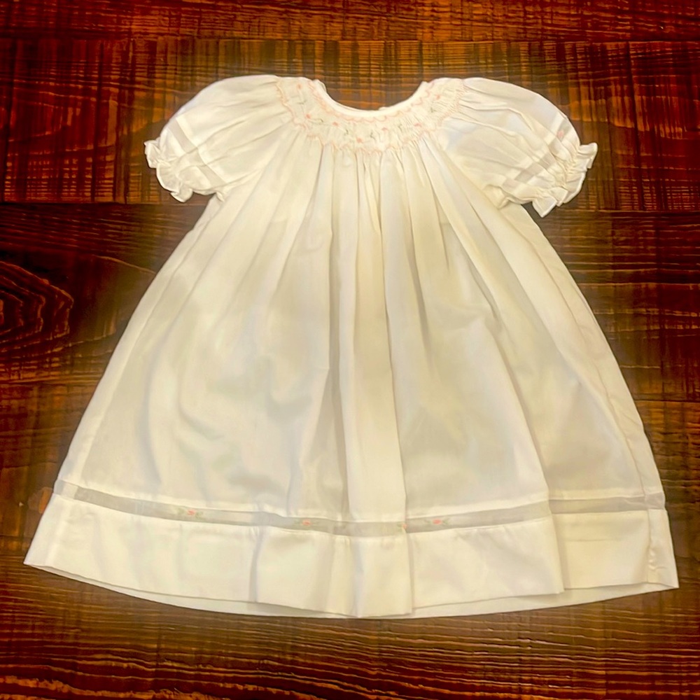 Petit Ami Hand Embroidered white smocked dress. 9 months - 70 cm long.